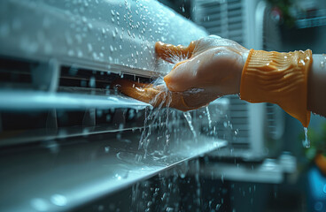Poster - Closeup hand Cleaning air conditioning filter by water spray. Generative AI.