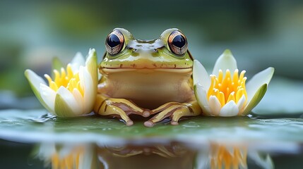 A Tranquil Frog Nestled Among Beautiful Water Lilies