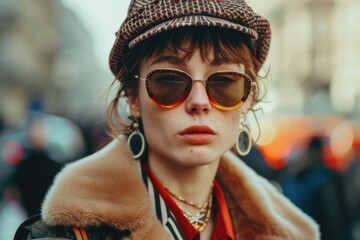 Sticker - A woman wearing a hat and sunglasses walking on a city street