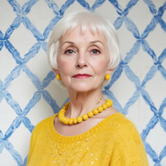 Portrait of a mature woman with short gray hair, with yellow beads on a blue background