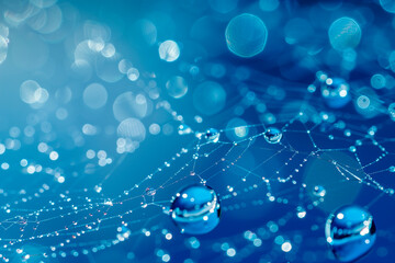Macro shot of spiderweb with dew droplets, illuminated by blue light, creating a mesmerizing bokeh effect in the background