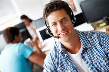 Poster - Call center, businessman and portrait with smile in office for customer service, support or consulting. Male agent, headset and happy with technology for inbound, b2c telemarketing or sale to clients
