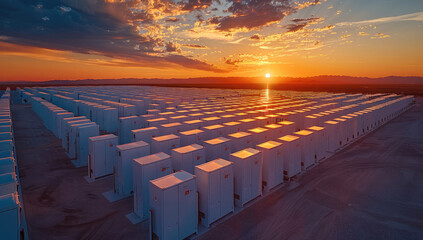 Aufkleber - A large-scale battery storage park, numerous white battery boxes arranged in perfect symmetry, with the light of golden hour casting long shadows and warm hues, against a dramatic sky. Generative AI.