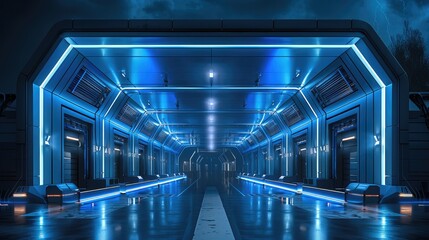 Poster - Entrance plaza of a covert sci-fi space hangar facility with modern design in black metal with blue paint accents, at night. Generative AI.