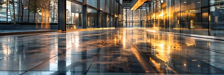 Canvas Print - A reflective modern hallway featuring glass walls and polished floors, illuminated by warm sunlight.