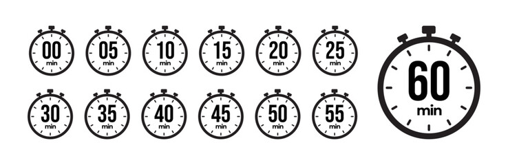 0, 5, 10, 15, 20, 25, 30, 35, 40, 45, 50, 55, 60 min timer, clock, stopwatch black isolated set icon