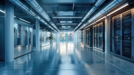 Fototapete - Heat Recycling and District Heating of Modern Data Centers, Implement a heat recycling system that captures excess heat from the servers and utilizes it to provide heating for nearby buildings.