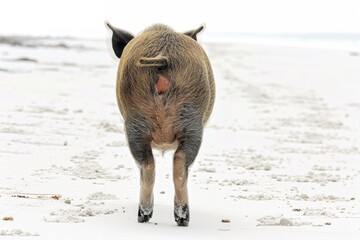 Wall Mural - A pig stands alone on a snowy beach, a unique and unexpected scene