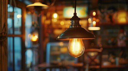 Wall Mural - A warm, vintage light bulb hanging in a cozy, rustic interior, creating an inviting atmosphere.