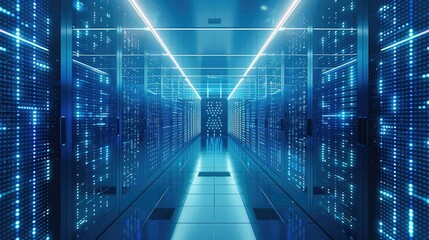 Poster - A modern data center with rows of servers with lots of flashing lights, with a wall display in the distance of large monitors depicting a network operations control center, blue tones. Generative AI.