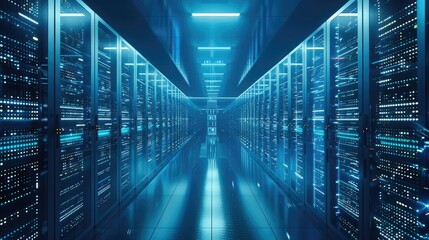 Poster - A modern data center with rows of servers with lots of flashing lights, with a wall display in the distance of large monitors depicting a network operations control center, blue tones. Generative AI.