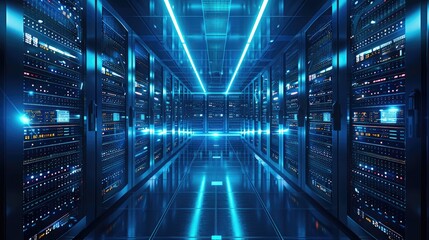 Poster - A modern data center with rows of servers with lots of flashing lights, with a wall display in the distance of large monitors depicting a network operations control center, blue tones. Generative AI.