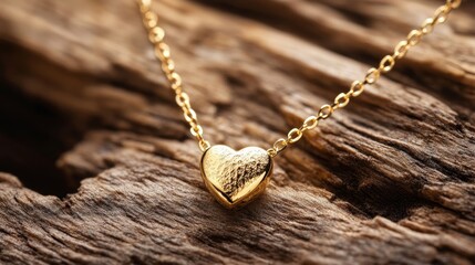 Elegant gold heart necklace resting on rustic wood, symbolizing love and luxury in a timeless design.