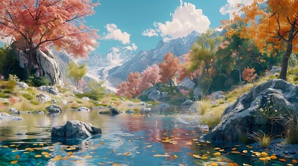 Sticker - A serene landscape with vibrant autumn foliage, a calm river, and majestic mountains in the background.