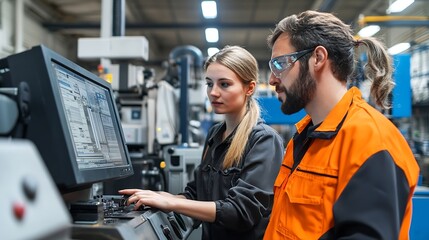 Fototapete - Factory apprenticeship Man mentor teaching Female employees trainee operating machine looking monitors and check Production process machinery foreman explaining woman engineer control  : Generative AI
