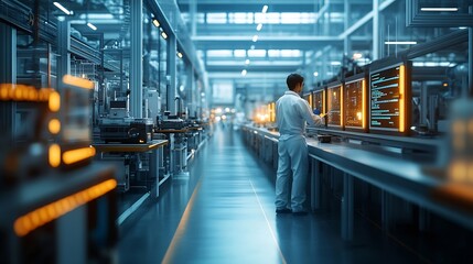Poster - worker following factory production line uses screens with industry internet of things smart factory