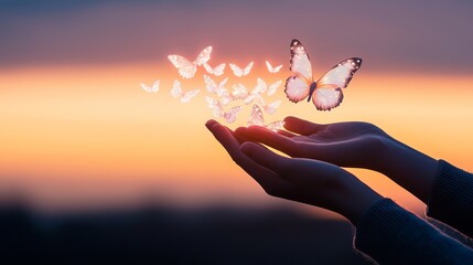 Sticker - Butterflies Taking Flight from Hands at Sunset.