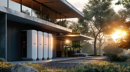 Poster - Home energy storage, Energy storage battery. battery packs alternative electric energy storage system at home. Generative AI.