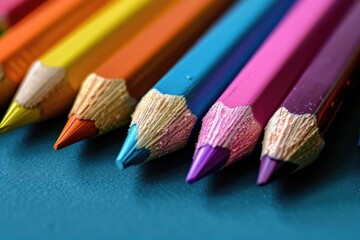 Poster - A collection of colorful pencils placed neatly on a bright blue surface, ideal for artistic purposes or as a decorative piece