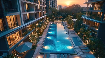 Aufkleber - Modern condominium with luxurious amenities like a swimming pool and gym. Generative AI.