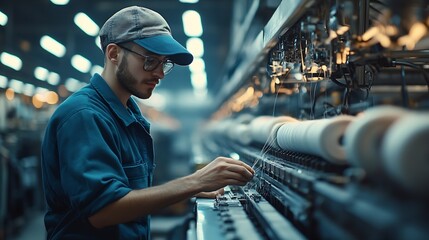 Poster - Textile factory worker standing by modern industrial sewing machine and checking thread connections : Generative AI