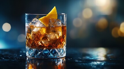 Poster - Glass of delicious Old Fashioned Cocktail on dark background : Generative AI