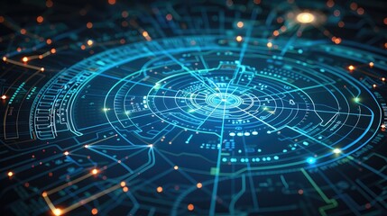 Fototapete - Close-up of an electronic radar screen with blue lines and dots on the map representing flying objects. The background is dark gray, creating a contrast between light and dark. Generative AI.