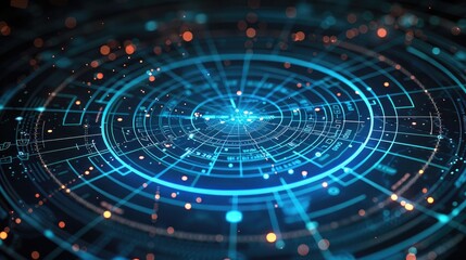 Aufkleber - Close-up of an electronic radar screen with blue lines and dots on the map representing flying objects. The background is dark gray, creating a contrast between light and dark. Generative AI.