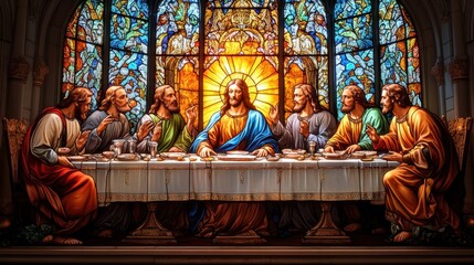 An intricate stained glass depiction of the Last Supper in a cathedral