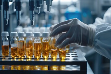 Poster - Scientist in lab coat and gloves works on a machine, likely conducting an experiment or maintenance