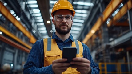 Wall Mural - Man builder Architect of industrial buildings Construction engineer stands in empty hangar Architect uses internet on his phone Builder of industrial buildings Man engineer in work uni : Generative AI