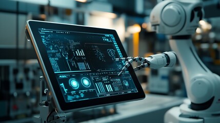 Poster - Computer and digital tablet for control of robots in a smart factory Smart industry 40 concept : Generative AI
