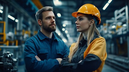 Fototapete - Handsome manager train female technician to work in automated production factory Industrial engineer teamwork standing in manufacturing facility discussing machinery technology in high : Generative AI