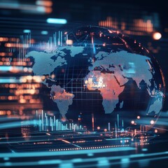 23. Visual of a digital interface showing economic policy scenarios with outcomes projected on a global scale, concept of predictive economic planning