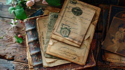 Aufkleber - Pile of vintage books on wooden surface, great for history or literature themes