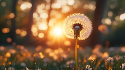 Leinwandbilder - White dandelion in a forest at sunset Macro image shallow depth of field Abstract summer nature background : Generative AI