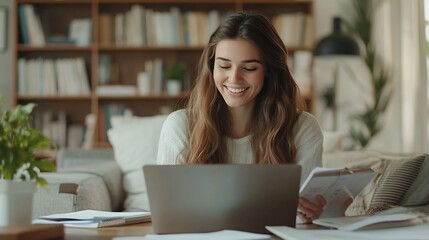 Poster - Smiling woman managing finances at home using laptop calculator and documents in cozy living room Concept of home budgeting financial planning and remote work : Generative AI
