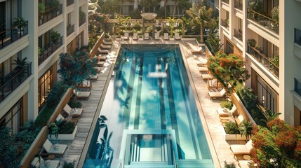 Aufkleber - Modern condominium with luxurious amenities like a swimming pool and gym. top down view. Generative AI.