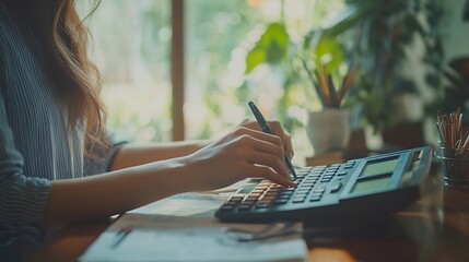 Wall Mural - Business financing accounting banking concept Businesswoman hand doing finances and calculate on desk about cost at home office Woman working on desk with using calculator finance acco : Generative AI