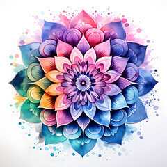 Poster - Elegant Vibrant Watercolor Mandala on White Background: High-Definition Vibrant Abstract Colorful Floral with Ornamental Patterns. 3D Mandala Design. Plate of Flower