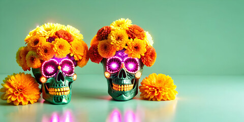 Flat Glowing Marigolds with Neon Skulls in Digital Art concept as An abstract digital artwork featuring glowing marigolds intertwined with neon skulls set against a dark background with light trails r