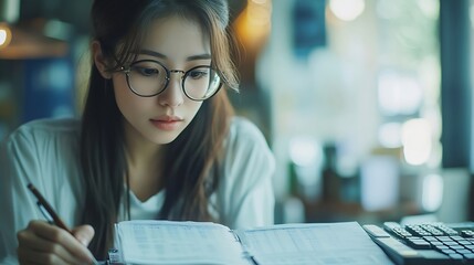 Aufkleber - Budget and financial planning concept Business woman budgeting and calculating financial report business finance and investment background tax refund cost control money saving loan man : Generative AI