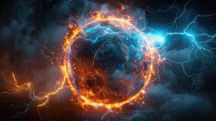 Wall Mural - an energy sphere, light blue and orange lightning effects inside the ring on a transparent backgroun