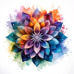 Poster - Elegant Vibrant Watercolor Mandala on White Background: High-Definition Vibrant Abstract Colorful Floral with Ornamental Patterns. 3D Mandala Design. Plate of Flower