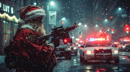 Wall Mural - A man dressed as Santa Claus is holding a gun