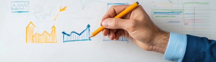 A business professional analyzes data trends, creating graphs and charts with colored markers on a whiteboard.