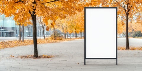 Wall Mural - Empty billboard for exterior advertisement surrounded by autumn trees in an urban park during a sunny day