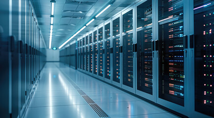 Leinwandbilder - A state-of-the-art data center at dawn, with the first light of the day casting soft hues over the advanced computing equipment. Generative AI.