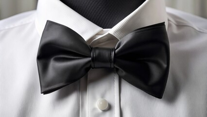 Elegant black bow tie sits perfectly centered on a crisp white dress shirt, adding a touch of sophistication to a formal event or business setting.