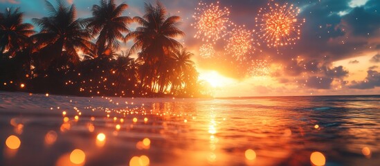 Canvas Print - Tropical Sunset with Fireworks